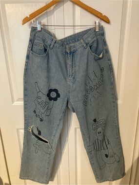 Hand-Drawn Light Blue Women’s Jeans with Graphic Print